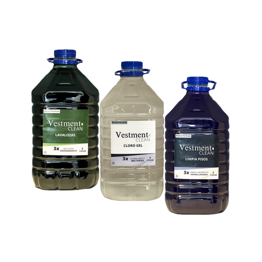 TRIPACK DESINFECTANTE Limpia Pisos 5L + Cloro gel 5L + Lavalozas 5L